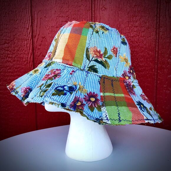 Upcycled Patchwork Hat One of One - Blue and Orange Floral Design main image 6